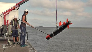 Ein Mann steht auf einer Kajenmauer am Wasser und hält einen Stab in der Hand. Mit dem Stab stößt er eine Unterwasser-Sonde in Form eines Torpedos an.