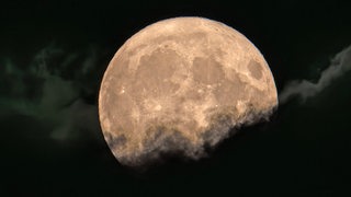 Ein besonders groß wirkender Mond, teilweise verdeckt von einer Wolke.