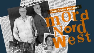 Collage mit Zeitungsausschnitten Mordfall Kampa, Podcast-Hosts und Schriftzug Mord Nordwest