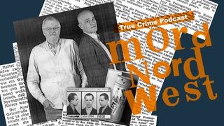Collage mit Zeitungsausschnitten "Oma-Mörder", Podcast-Hosts und Schriftzug Mord Nordwest