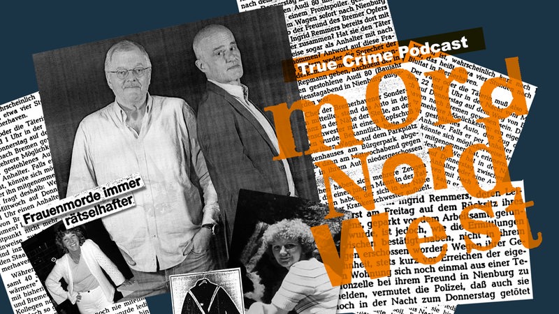 Collage mit Zeitungsausschnitten, Podcast-Hosts und Schriftzug Mord Nordwest
