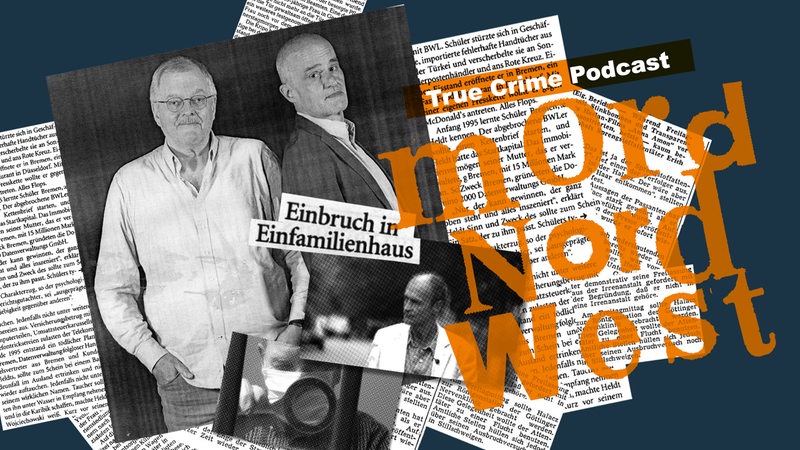Collage mit Zeitungsausschnitten, Podcast-Hosts und Schriftzug Mord Nordwest