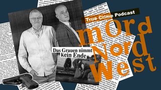 Collage mit Zeitungsausschnitten, Podcast-Hosts und Schriftzug Mord Nordwest