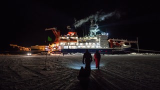 Zwei Personen laufen über das Eis auf das Schiff "Polarstern" zu.