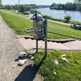 Ein voller Mülleimer am Osterdeich, vor dem Müll auf dem Boden liegt