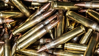 Patronen im Kaliber .223 Remington liegen in einer Munitionskiste.