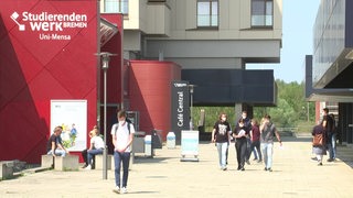 Der Campus mit ein paar Studenten und die Mensa der Universität Bremen. 
