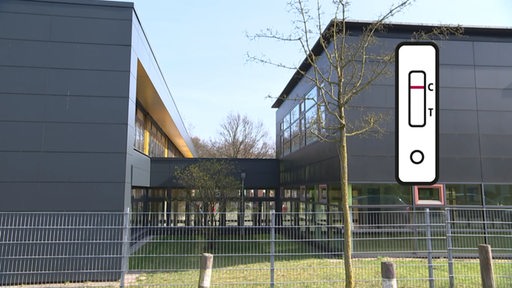Eine Bremer Schule von außen, rechts ein negativer Coronatest als Grafik. 