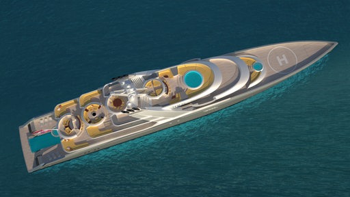Das Bild zeigt ein Modell einer großen Yacht auf dem Meer.