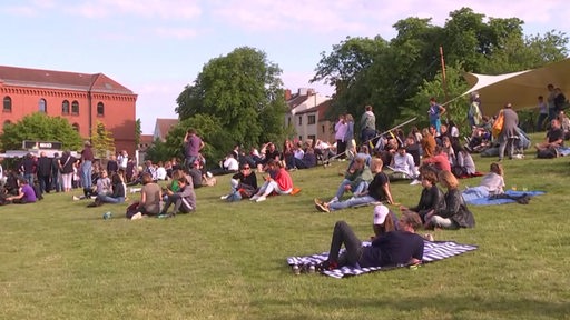 Menschen auf einer Wiese im Neustadtpark beim Summer Sounds Festival Bremen. 