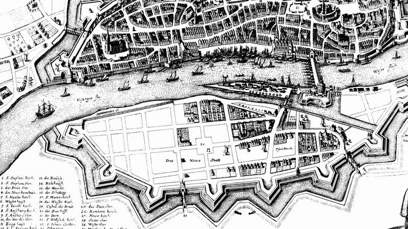 Die Bremer Neustadtswallanlagen auf einer Stadtkarte Bremens nach Merian (1641)