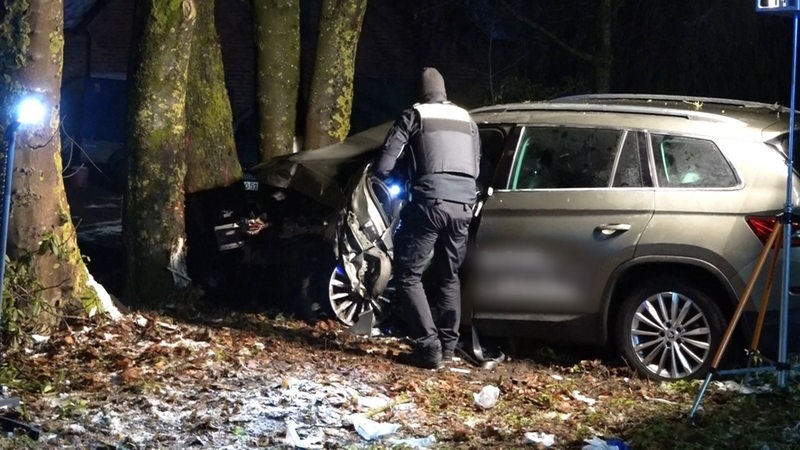 Ein Polizist begutachtet ein Auto, dessen Fahrer gegen einen Baum gefahren ist.