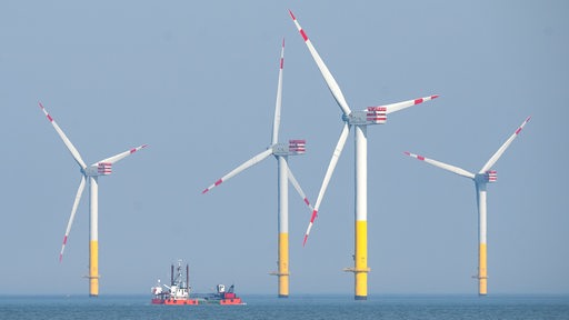 Mehrere Windräder stehen im Meer, dazwischen liegt ein Schiff.