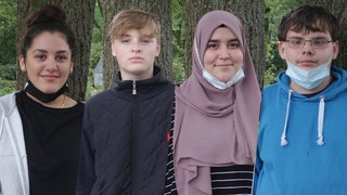 Collage: Vier Schülerinnen und Schüler der Oberschule im Park