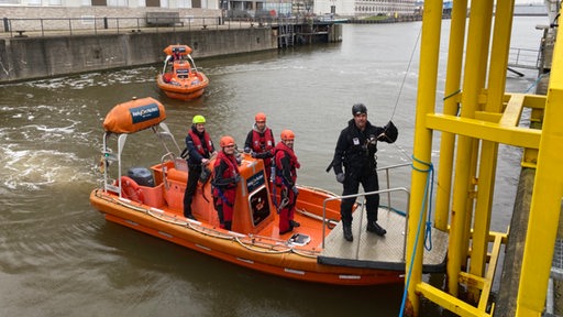 Fünf Personen mit Helmen und Schutzanzügen stehen in einem Boot auf einem Fluss.