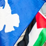 Eine Friedens- und eine Palästina-Flagge.