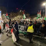 Demonstranten bei Pro-Palästinensischer Demonstration. Palästina-Flaggen sind zu sehen.