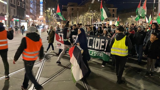 Demonstranten bei Pro-Palästinensischer Demonstration. Palästina-Flaggen sind zu sehen.