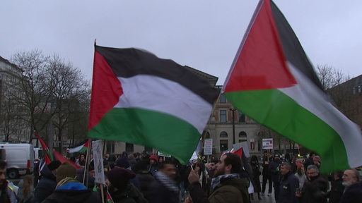 Zu sehen sind zwei Palestina Flaggen, welche auf einer Demo wehen.