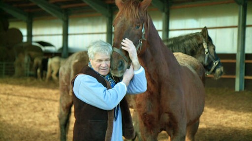 Ein Mann umarmt ein Pferd des Pferdehofs Ovelgönne.