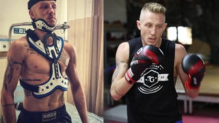 Bildmontage: Thai-Boxer Pascal Schroth einmal mit einem Haltesystem am Körper, um seinen Genickbruch zu heilen und daneben als gesunder Thai-Boxer.