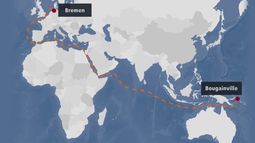 Eine Landkarte mit einer eingezeichneten Route von Bremen nach Bougainville