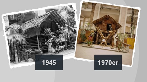 Links ist ein schwarz-weiß Foto des Pfahlhauses aus dem Jahre 1945 zu sehen. Rechts eins in Farbe aus dem Jahre 1970.