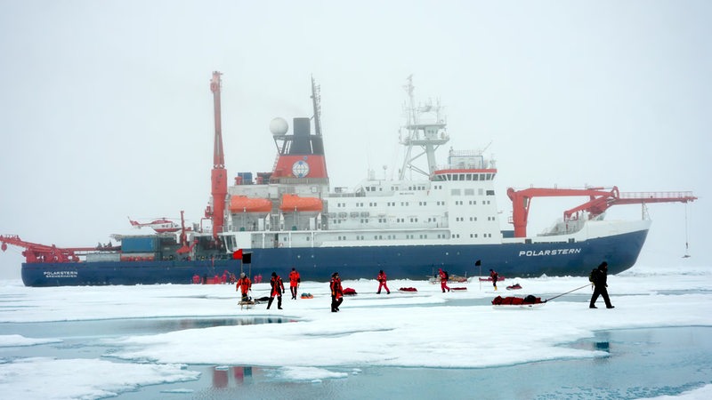 Mehrere Personen in orangen Schneeanzügen stehen auf einer Eisfläche vor einem Schiff.