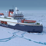 Eine Illustration zeigt einen Eisbrecher, der zwischen Eisschollen fährt.