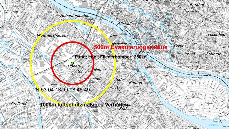 Grafik zeigt den Radius der Evakuierungsmaßnahmen für die Bombenentschärfung in der Neustadt