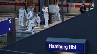 Polizei und Spurensicherung sind auf einem Bahnsteig am Hauptbahnhof Hamburg im Einsatz nahe eines Tatorts. 