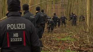 Mehrere Polizist*innen auf der Suche in einem Wald.