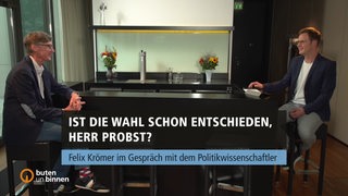 Prof. Lothar Probst im Gespräch mit Felix Krömer, davor steht die Frage "Ist die Wahl schon entschieden, Herr Probst?"