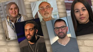 Collage zeigt 5 Menschen (2 Frauen und 3 Männer) mit unterschiedlicher Migrationsgeschichte.