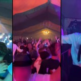 Collage aus 3 Screenshots eines Videos zeigt tanzenden junge Menschen in einem Zelt während eines Schützenfests