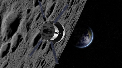 Raumschiff umkreist Mond, im Hintergrund die Erde