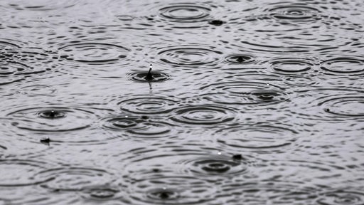 Regen prasselt auf die Wasseroberfläche eines Sees.