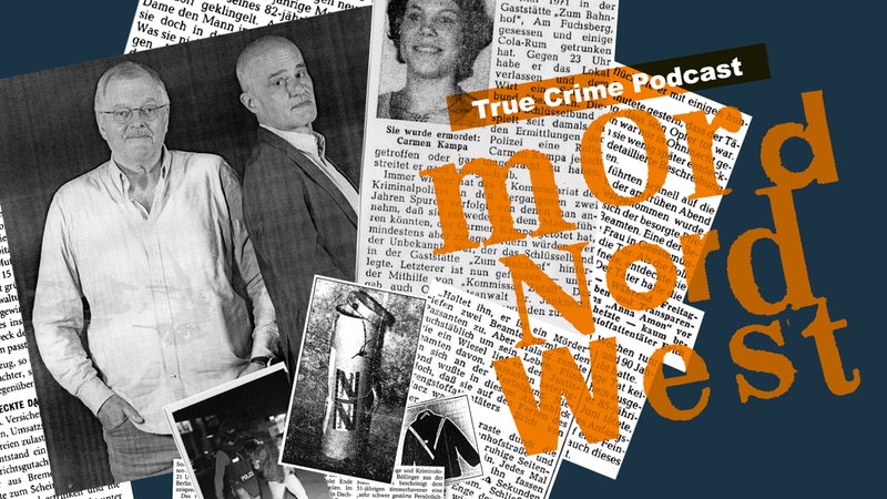 Collage aus Zeitungsausschnitten, Foto der beiden Podcast-Hosts Jochen Grabler und Dirk Blumenthal, darauf Schriftzug Mord Nordwest