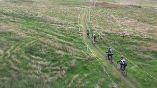 Vier Radrennsportler fahren auf einer abgesteckten Strecke.
