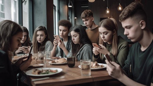 Mehrere junge Restaurantbesucher schauen auf ihre Smartphones.