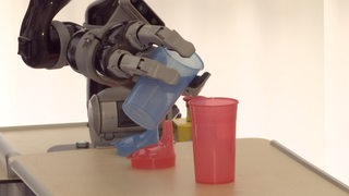 Ein Robotik-Arm, der eien Plastikbecher anhebt.