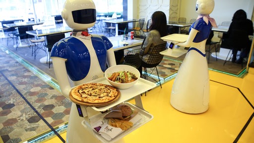 Roboter transportieren Essen auf einem Tablet