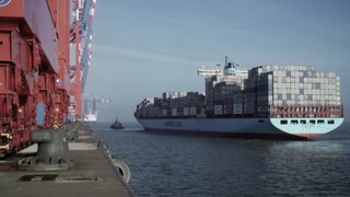 Ein Containerschiff schippert auf dem Meer.