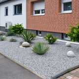 Ein Vorgarten ist komplett mit Schotter und wenigen Pflanzen gefüllt.