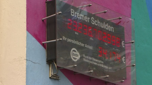 Die neu gestartete Bremer Schuldenuhr an der buten Fassade vom FDP-Haus in Bremen.