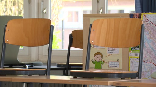 Zwei Stühle in einem Klassenraum, die auf dem Tisch gestellt wurden. 
