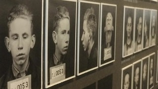 Zahlreiche schwarz-weiß Fotos an einer Wand.