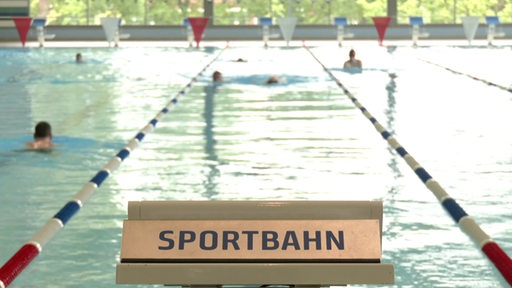 Im Vordergrund ist ein Schild mit der Aufschrift "Sportbahn" zu sehen. Im Hintergrund befinden sich die Schwimmbahnen des Horner Bads.