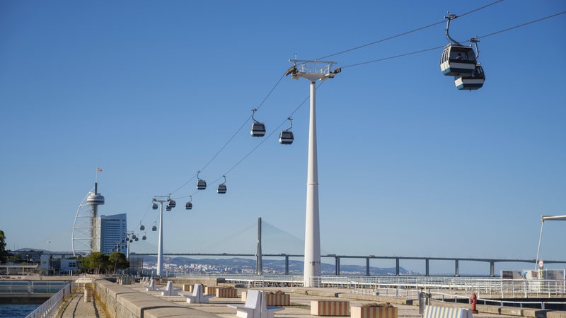 Eine Seilbahn, im Vordergrund eine Brücke mit Sitzgelegenheiten.
