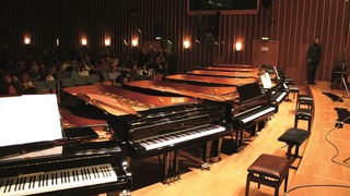 Konzertsaal von der hinteren Bühne mit Flügeln im Vordergrund, Zuschauern im Auditorium